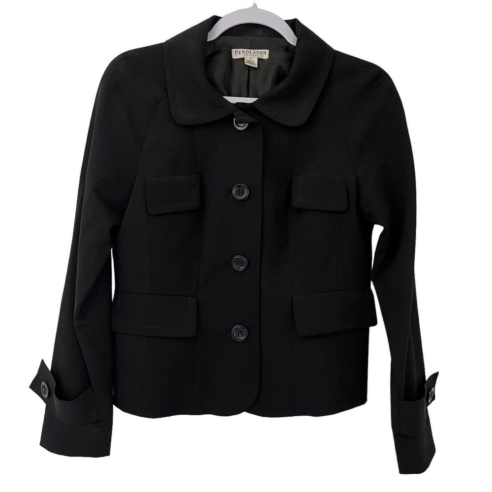 Pendleton Blazer Women’s Black Virgin Wool Blend Jacket Size 8 4 Button Collared